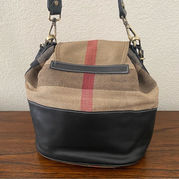 Black Leather Canvas Nova Check Plaid Bucket Crossbody Bag Drawstring Satchel - Picture 5 of 14